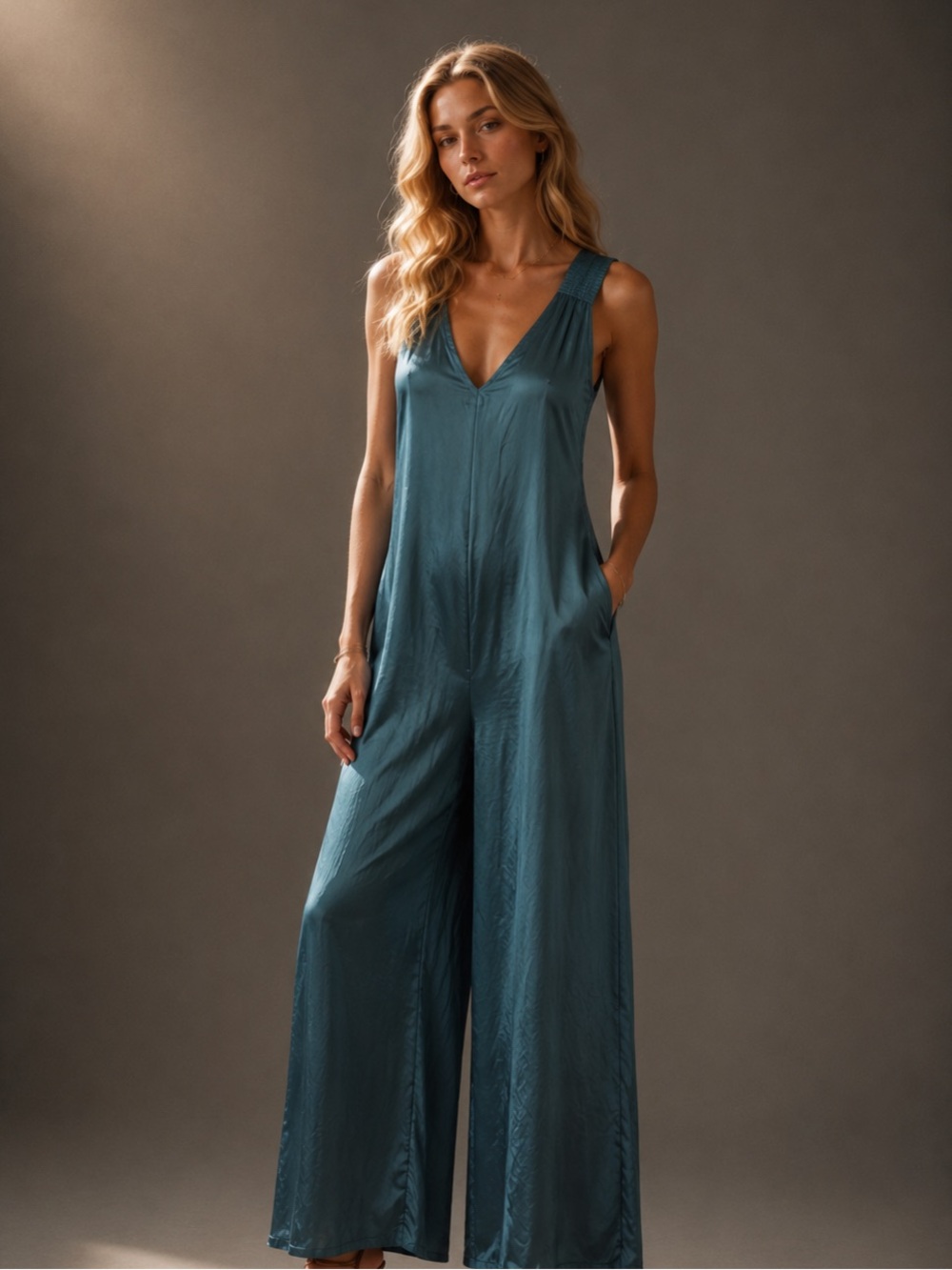 Anthropologie Wide Leg Satin Jumpsuit Pockets - Picture 2 of 4
